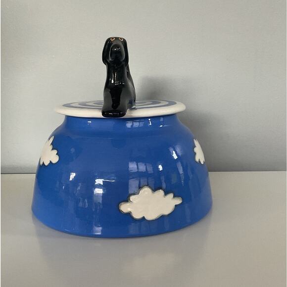 Alison Palmer Whimsical Black Dog Ceramic Lidded Cookie Jar Blue Cloud - Picture 2 of 6